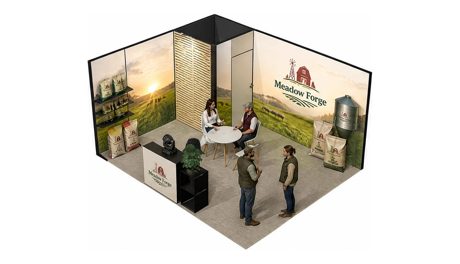 Stoisko 5 × 4 m narożne lewe dla branży hodowla i pasze, przykładowa marka Meadow Forge