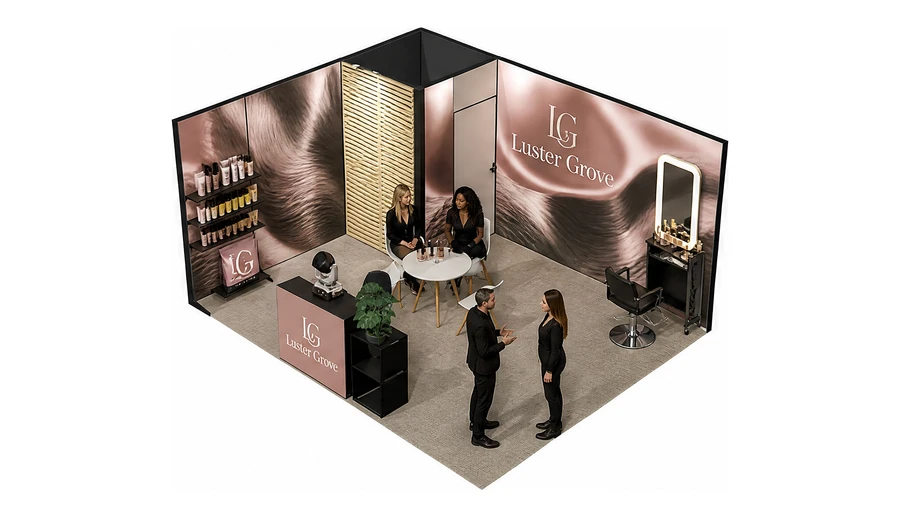 Stoisko 5 × 4 m narożne lewe dla branży fryzjerstwo i salony beauty, przykładowa marka Luster Grove