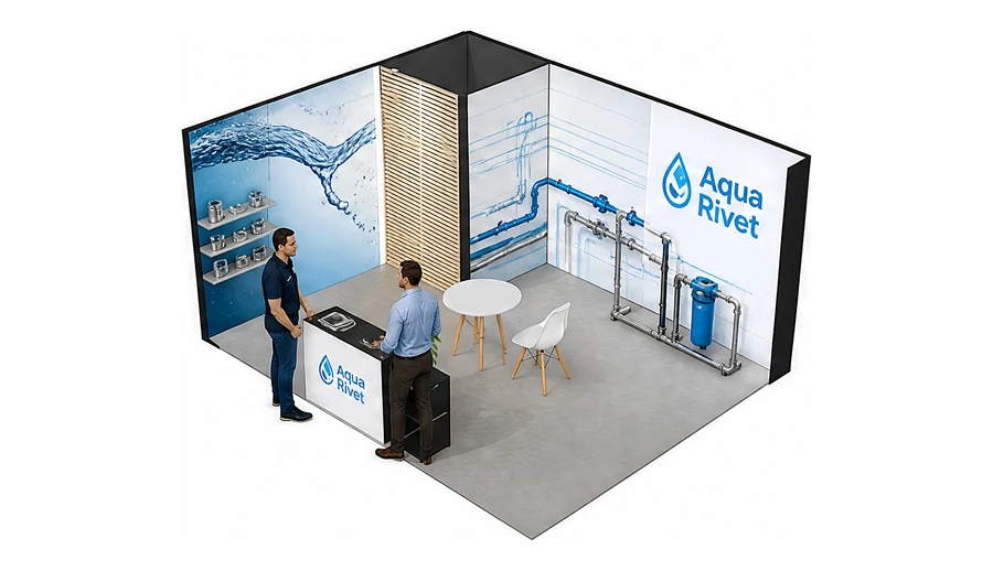 Stoisko 5 × 4 m narożne lewe dla branży instalacje wodno-kanalizacyjne, przykładowa marka Aqua Rivet
