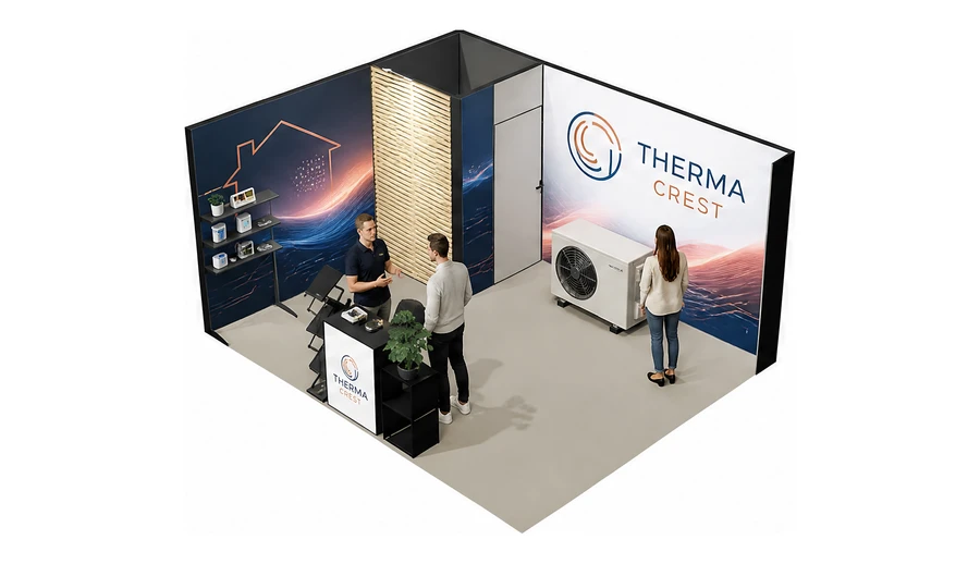 Stoisko 5 × 4 m narożne lewe dla branży pompy ciepła i ogrzewanie, przykładowa marka Therma Crest