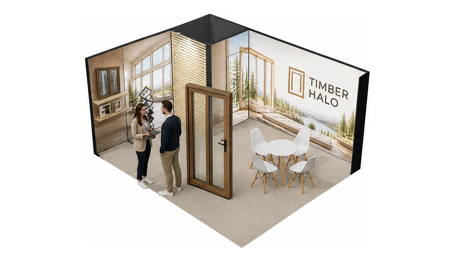 Stoisko 5 × 4 m narożne lewe dla branży okna i drzwi, przykładowa marka Timber Halo