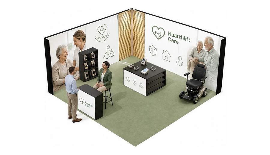 Stoisko 5 × 5 m narożne lewe dla branży opieka senioralna, przykładowa marka Hearthlift Care