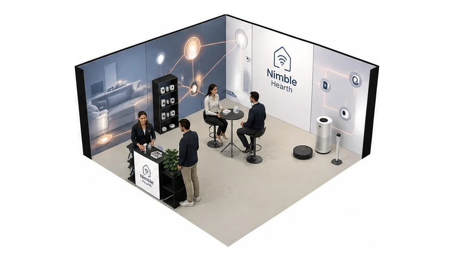 Stoisko 5 × 5 m narożne lewe dla branży smart home i IoT, przykładowa marka Nimble Hearth