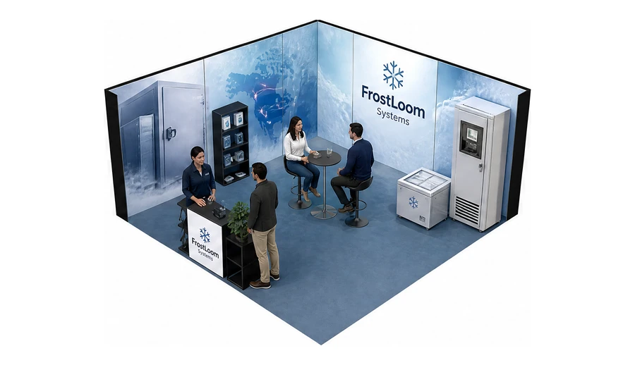 Stoisko 5 × 5 m narożne lewe dla branży łańcuch chłodniczy, przykładowa marka FrostLoom Systems