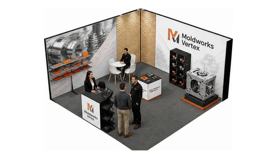 Stoisko 5 × 5 m narożne lewe dla branży przetwórstwo tworzyw, przykładowa marka Moldworks Vertex