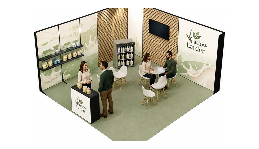 Stoisko 5 × 5 m narożne lewe dla branży nabiał i mleczarstwo, przykładowa marka Meadow Larder