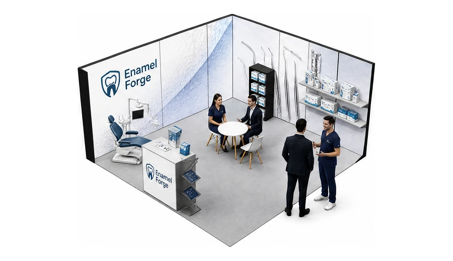 Stoisko 5 × 5 m narożne lewe dla branży stomatologia, przykładowa marka Enamel Forge