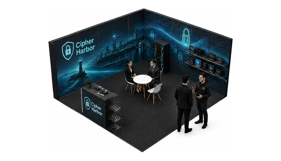 Stoisko 5 × 5 m narożne lewe dla branży cyberbezpieczeństwo, przykładowa marka Cipher Harbor