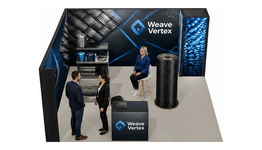 Stoisko 5 × 5 m narożne lewe dla branży materiały kompozytowe, przykładowa marka Weave Vertex