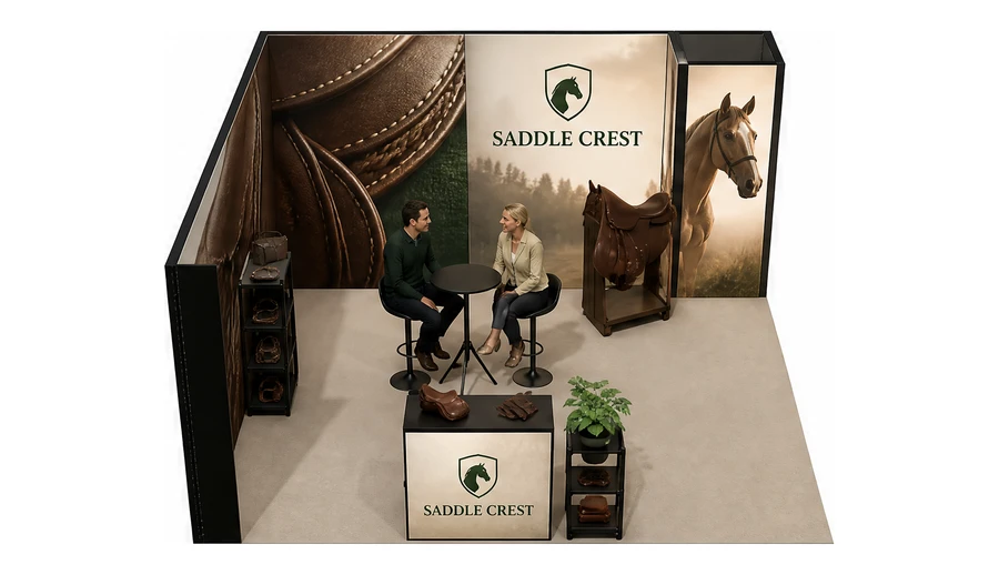 Stoisko 5 × 5 m narożne lewe dla branży jeździectwo, przykładowa marka Saddle Crest