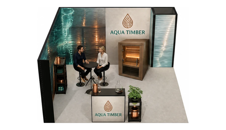 Stoisko 5 × 5 m narożne lewe dla branży baseny i sauny, przykładowa marka Aqua Timber