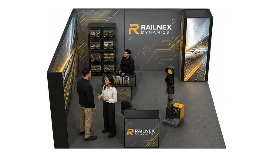 Stoisko 5 × 5 m narożne lewe dla branży kolej i tabor, przykładowa marka Railnex Dynamics