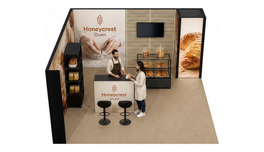 Stoisko 5 × 5 m narożne lewe dla branży piekarnictwo i cukiernictwo, przykładowa marka Honeycrest Oven