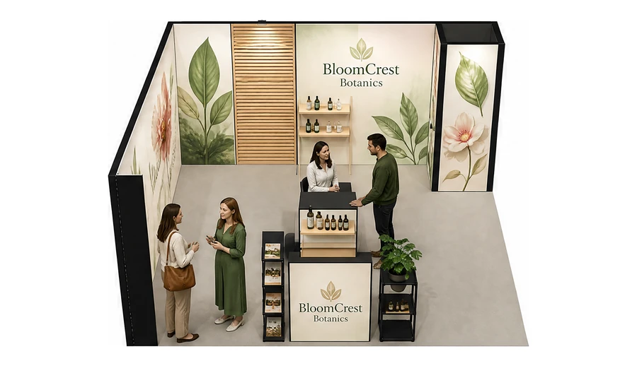 Stoisko 5 × 5 m narożne lewe dla branży kosmetyki naturalne, przykładowa marka BloomCrest Botanics