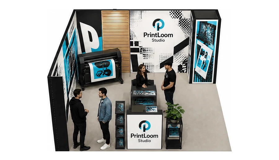 Stoisko 5 × 5 m narożne lewe dla branży reklama i druk, przykładowa marka PrintLoom Studio