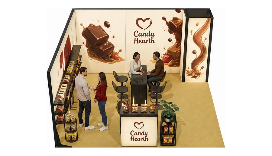 Stoisko 5 × 5 m narożne lewe dla branży słodycze i przekąski, przykładowa marka Candy Hearth
