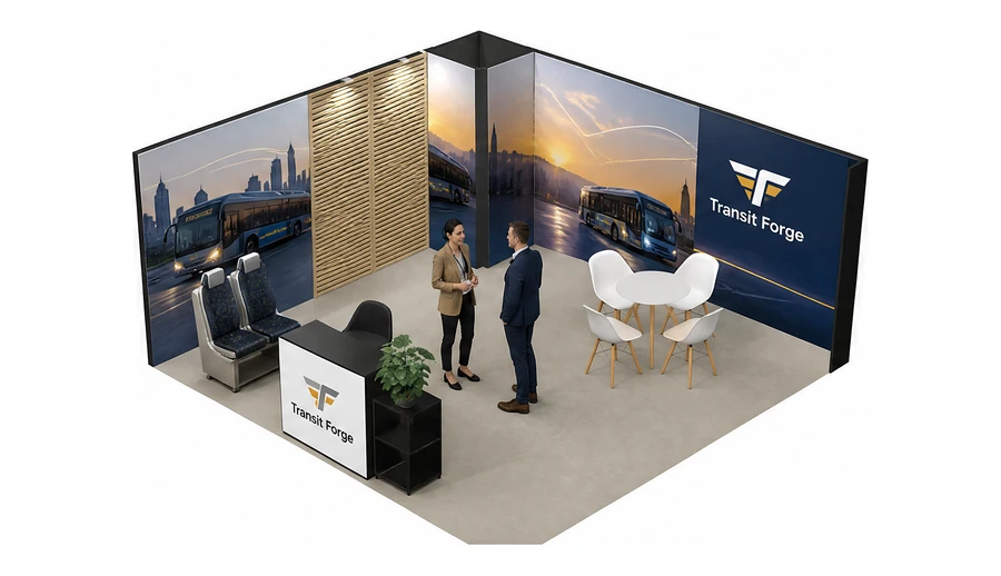 Stoisko 5 × 5 m narożne lewe dla branży autobusy i transport zbiorowy, przykładowa marka Transit Forge