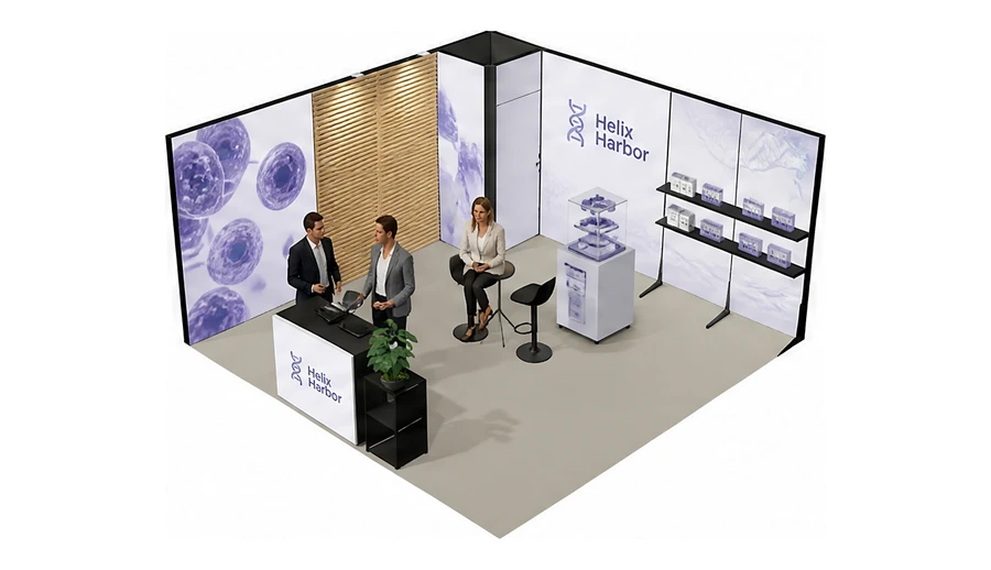 Stoisko 5 × 5 m narożne lewe dla branży farmacja i biotechnologia, przykładowa marka Helix Harbor