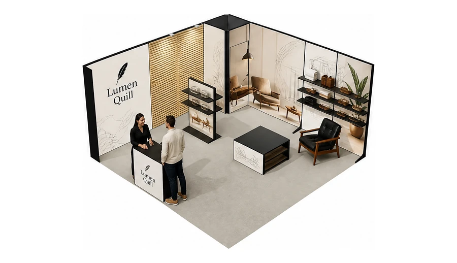 Stoisko 5 × 5 m narożne lewe dla branży meble designerskie, przykładowa marka Lumen Quill