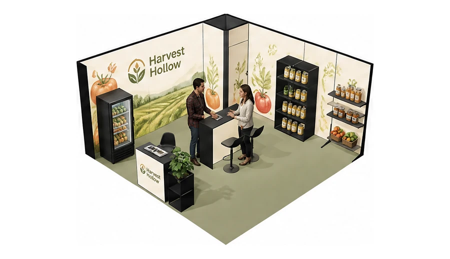 Stoisko 5 × 5 m narożne lewe dla branży żywność ekologiczna, przykładowa marka Harvest Hollow