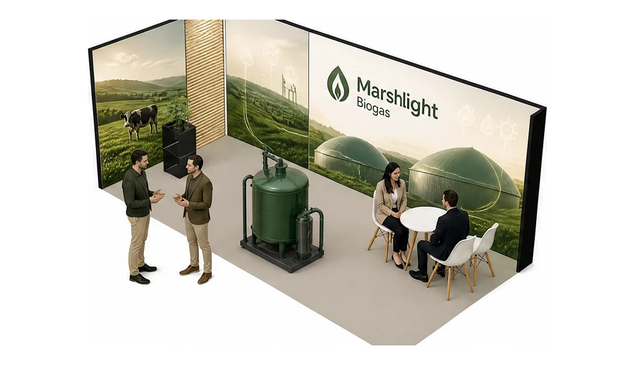 Stoisko 6 × 3 m narożne lewe dla branży biogaz i OZE, przykładowa marka Marshlight Biogas