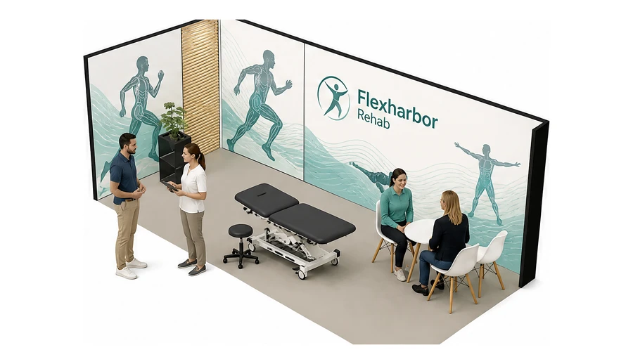 Stoisko 6 × 3 m narożne lewe dla branży rehabilitacja i fizjoterapia, przykładowa marka Flexharbor Rehab