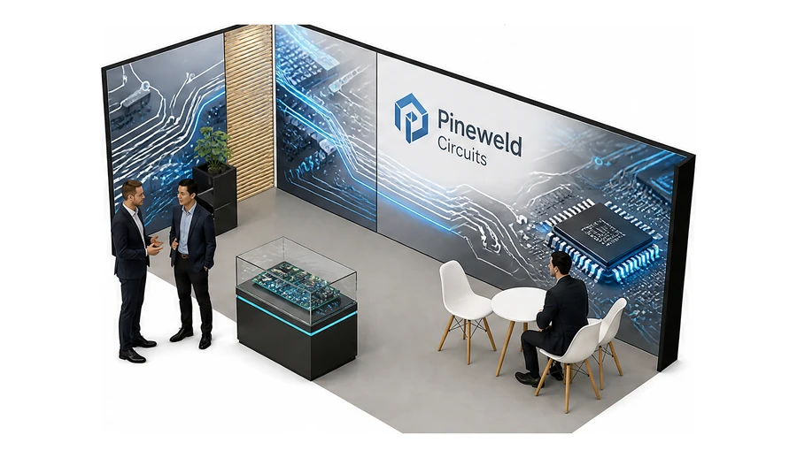 Stoisko 6 × 3 m narożne lewe dla branży komponenty elektroniczne, przykładowa marka Pineweld Circuits