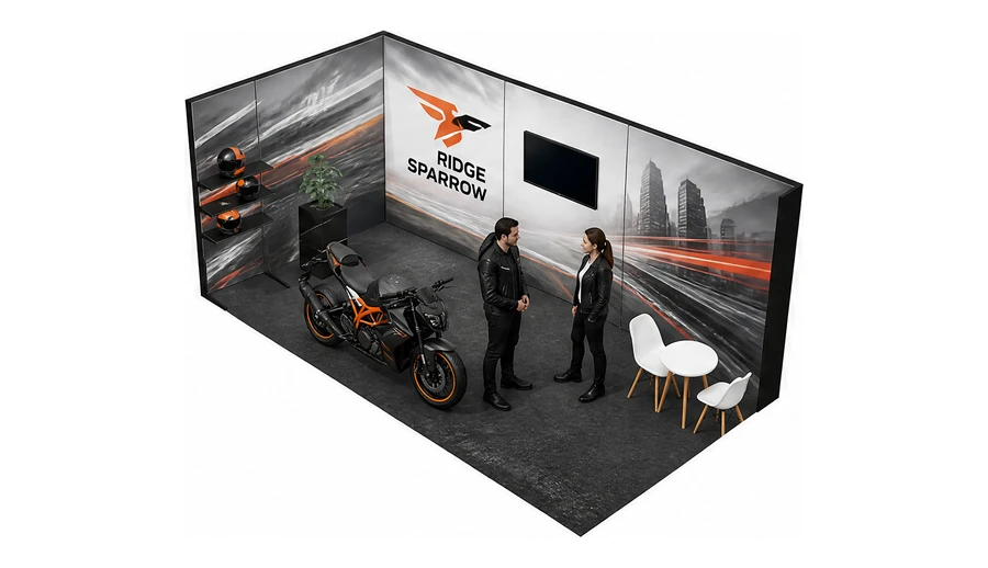 Stoisko 6 × 3 m narożne lewe dla branży motocykle i skutery, przykładowa marka Ridge Sparrow