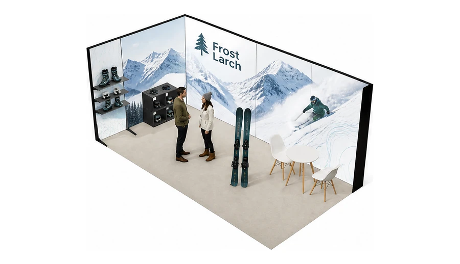 Stoisko 6 × 3 m narożne lewe dla branży narciarstwo i sporty zimowe, przykładowa marka Frost Larch