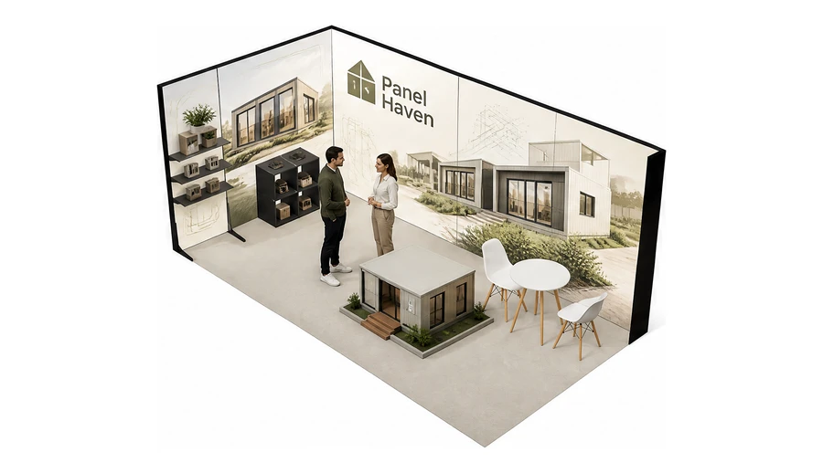 Stoisko 6 × 3 m narożne lewe dla branży domy modułowe i prefabrykacja, przykładowa marka Panel Haven