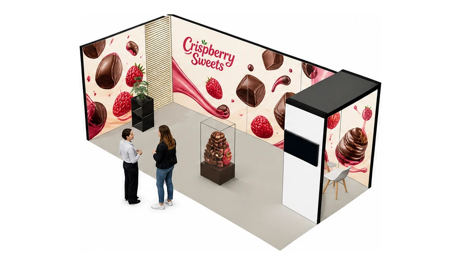 Stoisko 6 × 3 m narożne lewe dla branży słodycze i przekąski, przykładowa marka Crispberry Sweets