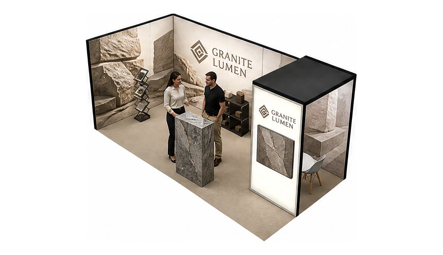 Stoisko 6 × 3 m narożne lewe dla branży kamień i kamieniarstwo, przykładowa marka Granite Lumen