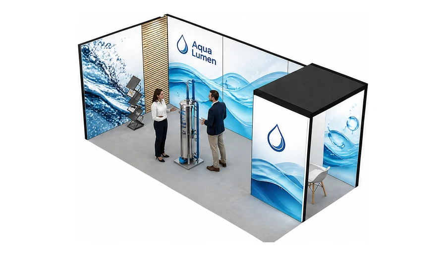 Stoisko 6 × 3 m narożne lewe dla branży technologie wodne, przykładowa marka Aqua Lumen