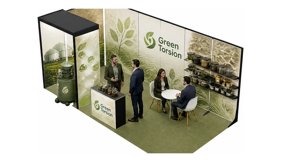 Stoisko 6 × 3 m narożne lewe dla branży biogaz i OZE, przykładowa marka Green Torsion