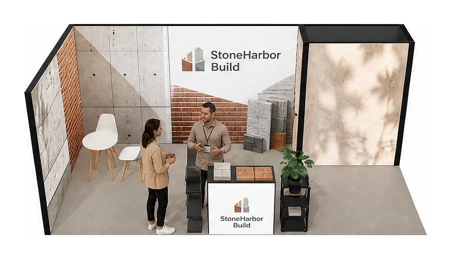 Stoisko 6 × 3 m narożne lewe dla branży materiały budowlane, przykładowa marka StoneHarbor Build