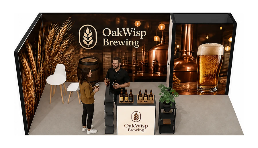 Stoisko 6 × 3 m narożne lewe dla branży browar rzemieślniczy, przykładowa marka OakWisp Brewing
