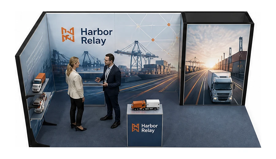 Stoisko 6 × 3 m narożne lewe dla branży logistyka i spedycja, przykładowa marka Harbor Relay