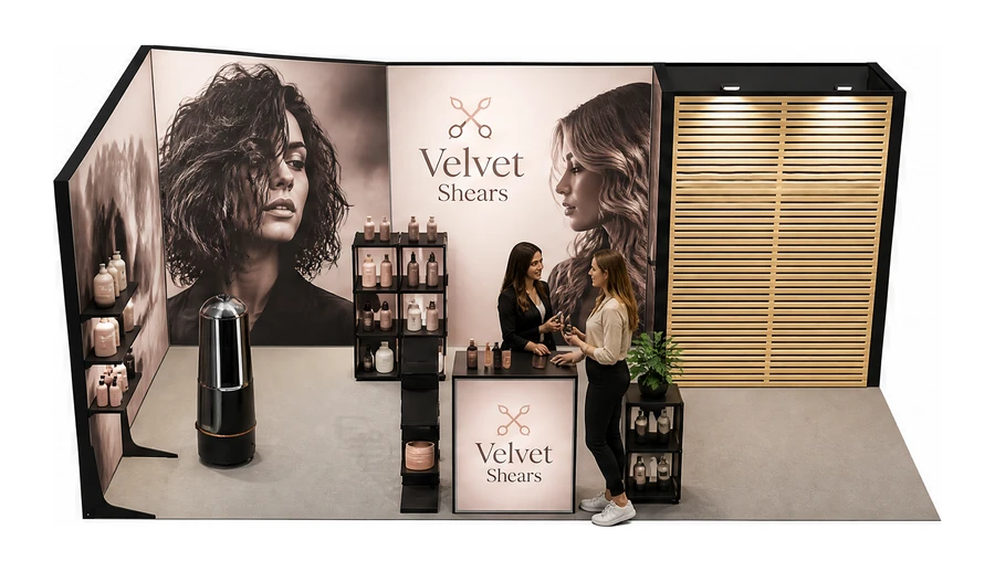 Stoisko 6 × 3 m narożne lewe dla branży fryzjerstwo i salony beauty, przykładowa marka Velvet Shears