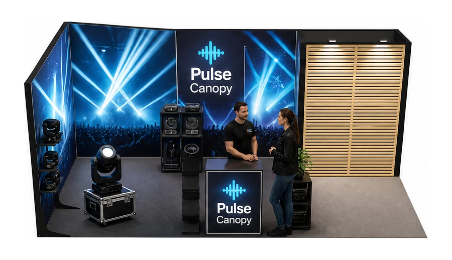 Stoisko 6 × 3 m narożne lewe dla branży branża eventowa, przykładowa marka Pulse Canopy