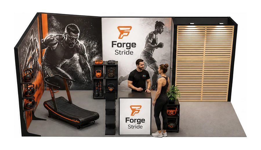 Stoisko 6 × 3 m narożne lewe dla branży fitness i siłownie, przykładowa marka Forge Stride