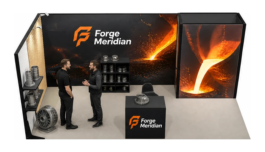 Stoisko 6 × 3 m narożne lewe dla branży obróbka metali i odlewnictwo, przykładowa marka Forge Meridian