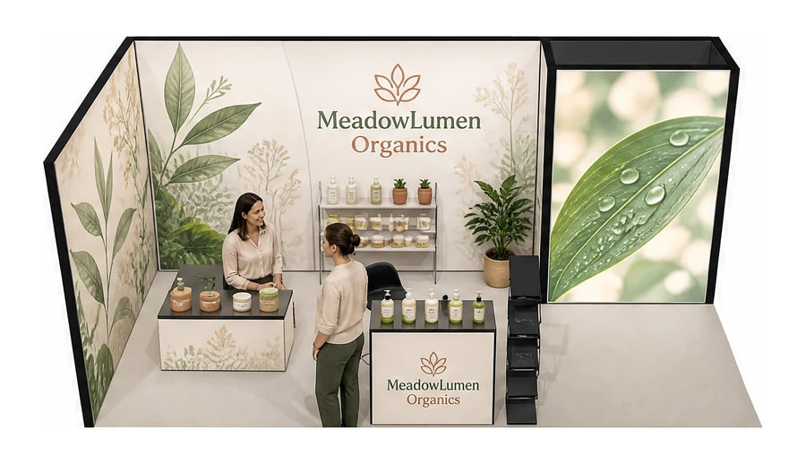 Stoisko 6 × 3 m narożne lewe dla branży kosmetyki naturalne, przykładowa marka MeadowLumen Organics