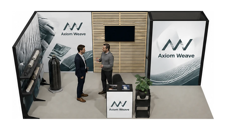 Stoisko 6 × 3 m narożne lewe dla branży materiały kompozytowe, przykładowa marka Axiom Weave