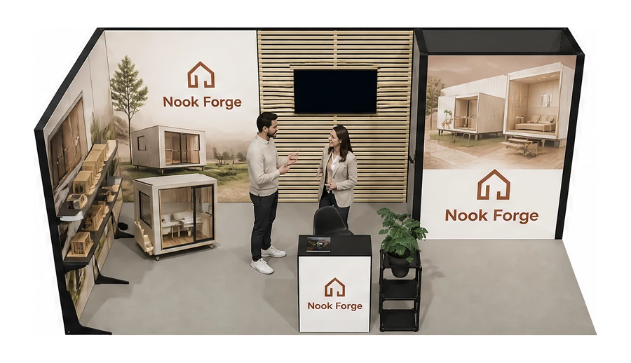 Stoisko 6 × 3 m narożne lewe dla branży domy modułowe i prefabrykacja, przykładowa marka Nook Forge