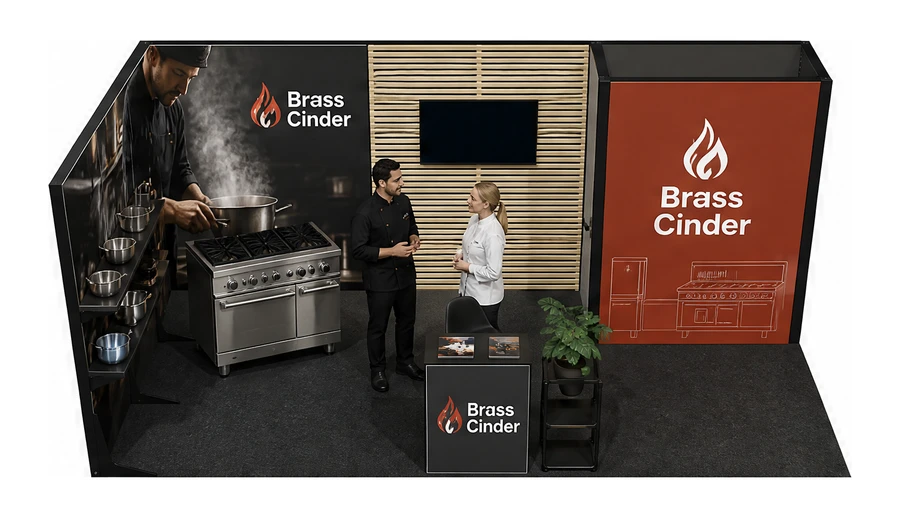 Stoisko 6 × 3 m narożne lewe dla branży wyposażenie gastronomii, przykładowa marka Brass Cinder