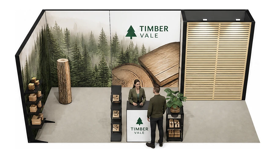 Stoisko 6 × 3 m narożne lewe dla branży leśnictwo i przemysł drzewny, przykładowa marka Timber Vale