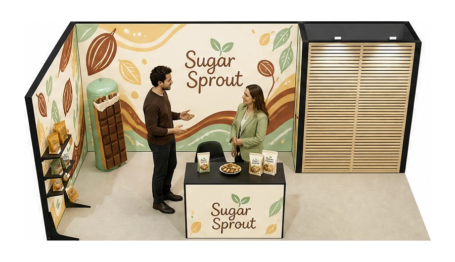 Stoisko 6 × 3 m narożne lewe dla branży słodycze i przekąski, przykładowa marka Sugar Sprout