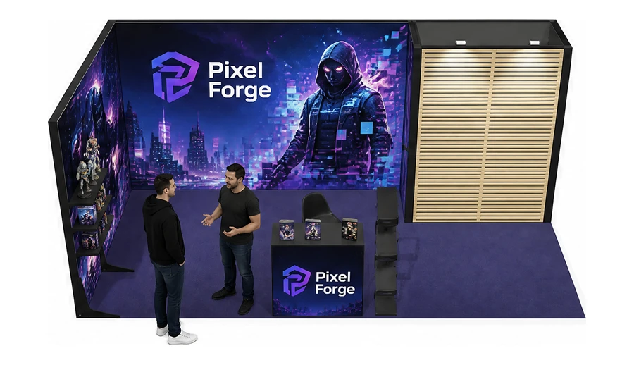 Stoisko 6 × 3 m narożne lewe dla branży gry wideo, przykładowa marka Pixel Forge