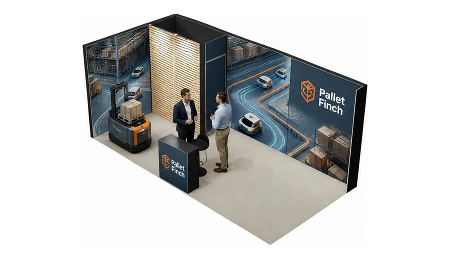 Stoisko 6 × 3 m narożne lewe dla branży intralogistyka i magazyn, przykładowa marka Pallet Finch