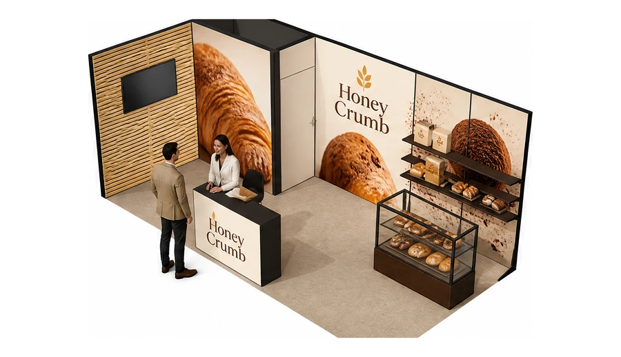 Stoisko 6 × 3 m narożne lewe dla branży piekarnictwo i cukiernictwo, przykładowa marka Honey Crumb